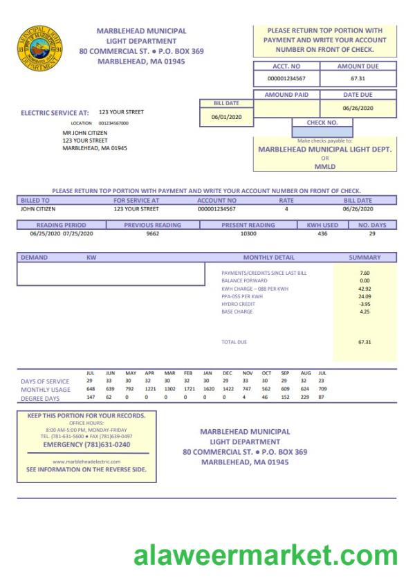 USA Marblehead Municipal Light Department utility bill template in Word and PDF format